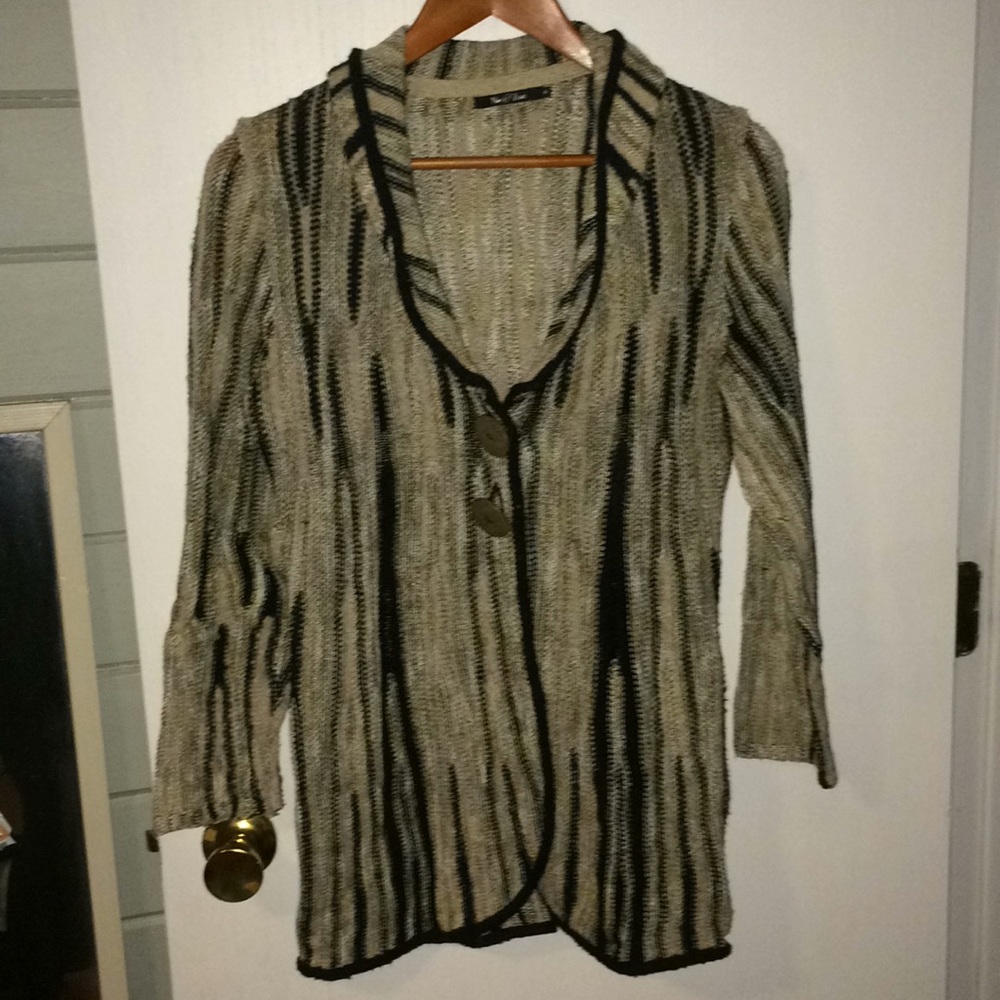 Nie + Zoe button up cardigan in tan, black & gold